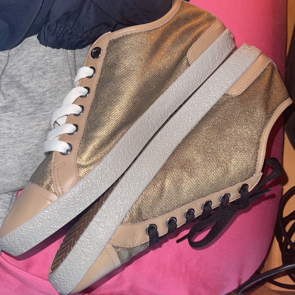 Burberry Gold Leather Trim Casual Lace Tie Sneakers - Picture 7 of 9